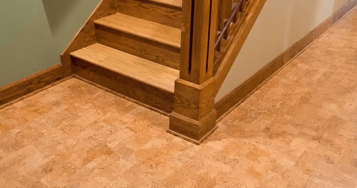 End of a staircase with cork flooring in Cambridge, MA