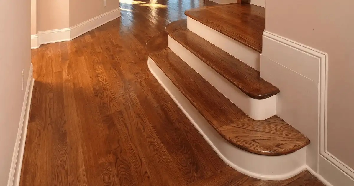 Base floor of a staircase with professionally restored wood flooring in Cambridge MA