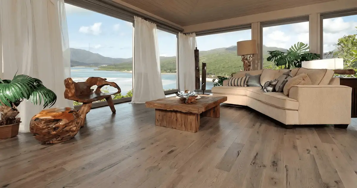Professionally installed vinyl flooring in a modern living room with large windows in Cambridge, MA